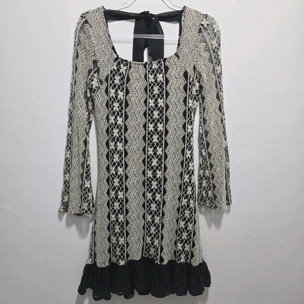Lace Mini Dress Small Black Goth Whimsical a'reve Bell Sleeve Coquette Y2K Fairy